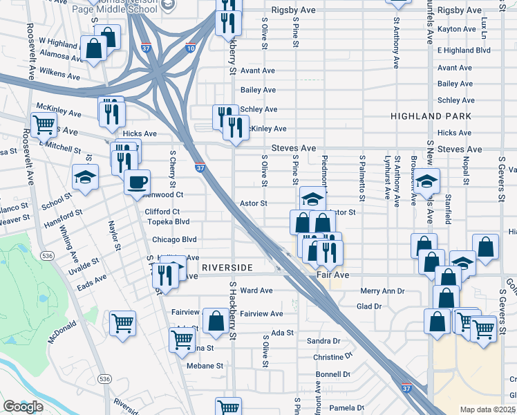 map of restaurants, bars, coffee shops, grocery stores, and more near 138 Astor Street in San Antonio