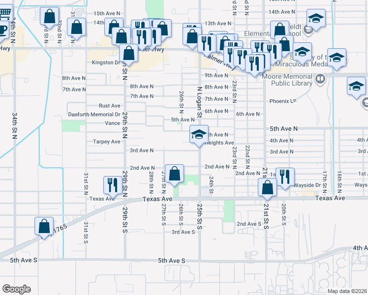 map of restaurants, bars, coffee shops, grocery stores, and more near 2522 3rd Avenue North in Texas City