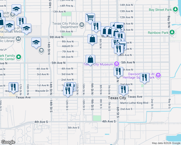 map of restaurants, bars, coffee shops, grocery stores, and more near 915 4th Avenue North in Texas City
