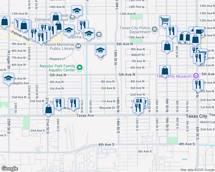 map of restaurants, bars, coffee shops, grocery stores, and more near 1417 4th Avenue North in Texas City