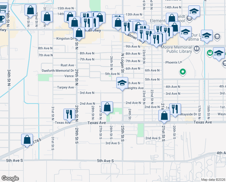 map of restaurants, bars, coffee shops, grocery stores, and more near 2522 3rd Avenue North in Texas City