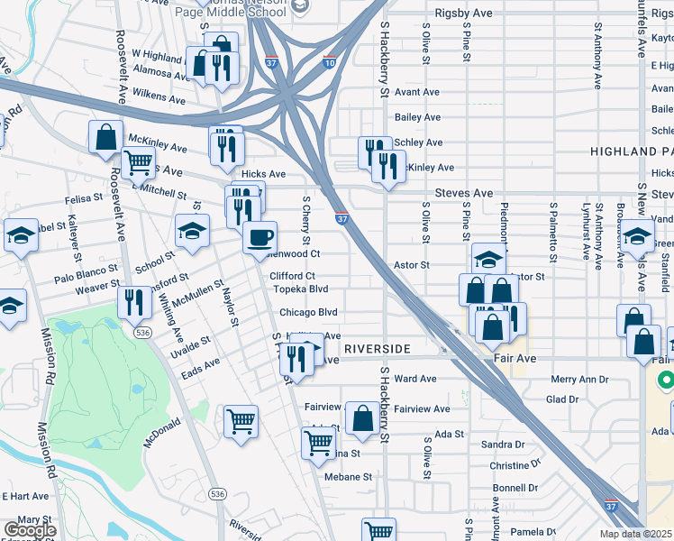map of restaurants, bars, coffee shops, grocery stores, and more near 214 Glenwood Court in San Antonio
