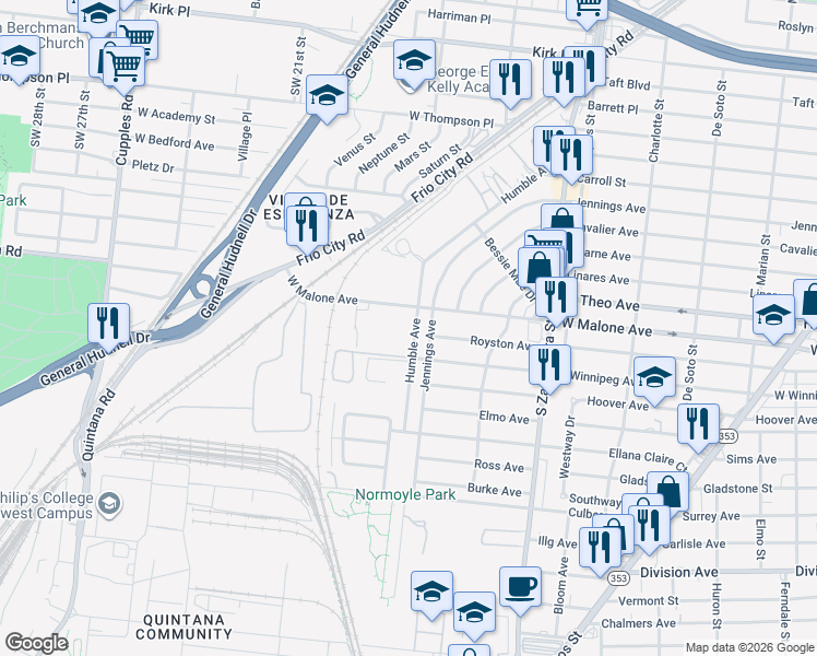 map of restaurants, bars, coffee shops, grocery stores, and more near 1011 Jennings Avenue in San Antonio