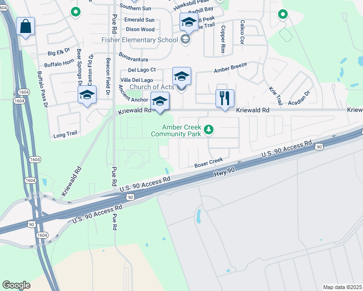 map of restaurants, bars, coffee shops, grocery stores, and more near 4410 Olympus Bay in San Antonio