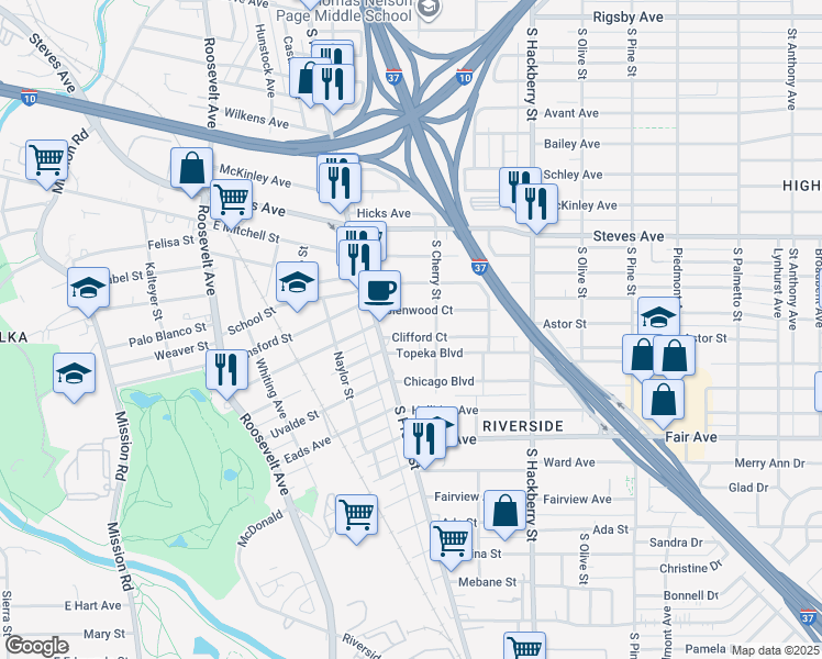 map of restaurants, bars, coffee shops, grocery stores, and more near 127 Clifford Court in San Antonio