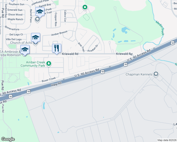 map of restaurants, bars, coffee shops, grocery stores, and more near 256 Westex Trail in San Antonio