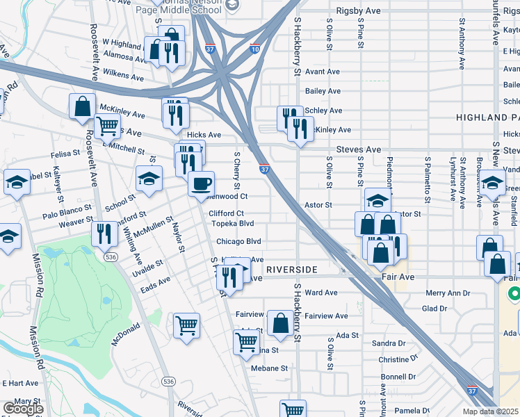 map of restaurants, bars, coffee shops, grocery stores, and more near 214 Glenwood Court in San Antonio