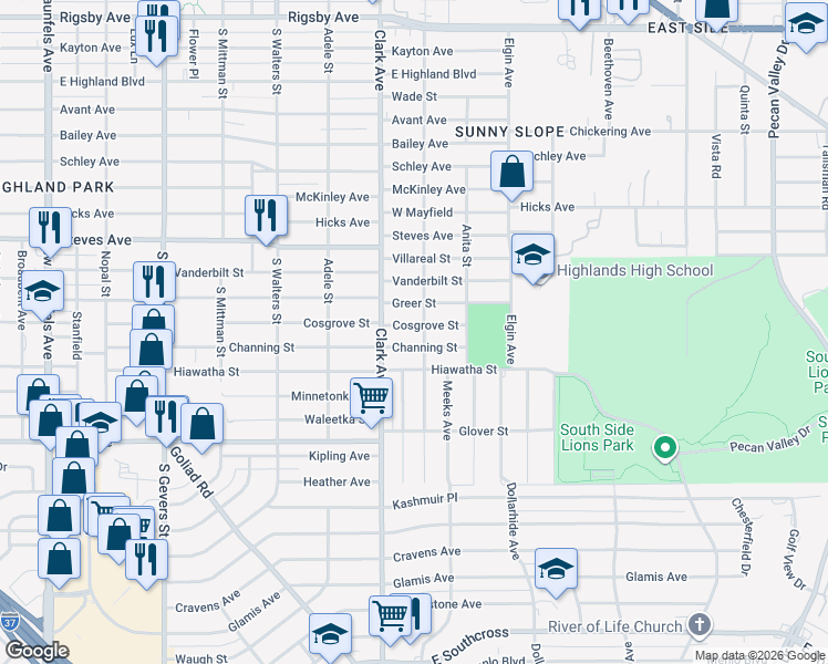 map of restaurants, bars, coffee shops, grocery stores, and more near 702 Cosgrove Street in San Antonio