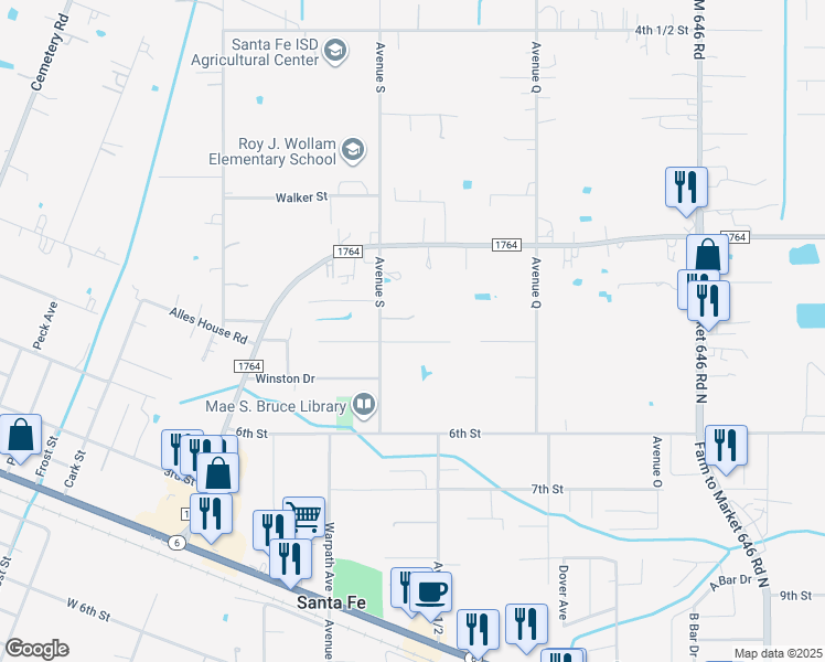map of restaurants, bars, coffee shops, grocery stores, and more near 3723 Avenue South in Santa Fe