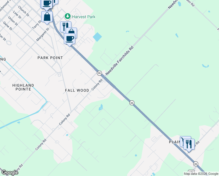 map of restaurants, bars, coffee shops, grocery stores, and more near 14438 Texas 36 in Needville
