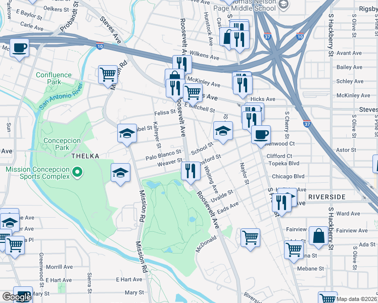 map of restaurants, bars, coffee shops, grocery stores, and more near 1526 Roosevelt Avenue in San Antonio