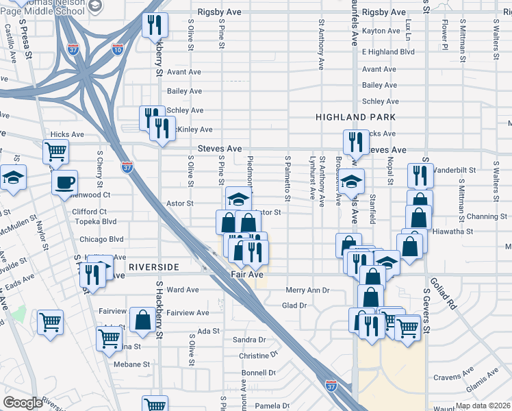map of restaurants, bars, coffee shops, grocery stores, and more near 401 Astor Street in San Antonio