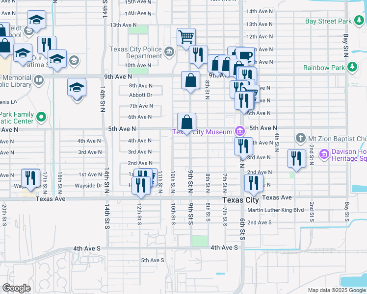 map of restaurants, bars, coffee shops, grocery stores, and more near 915 4th Avenue North in Texas City