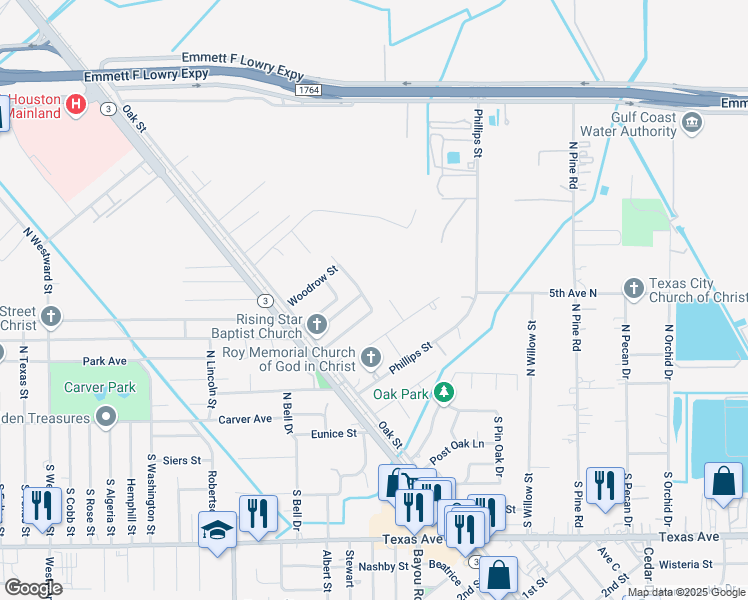 map of restaurants, bars, coffee shops, grocery stores, and more near 510 North Vionett Lane in Texas City