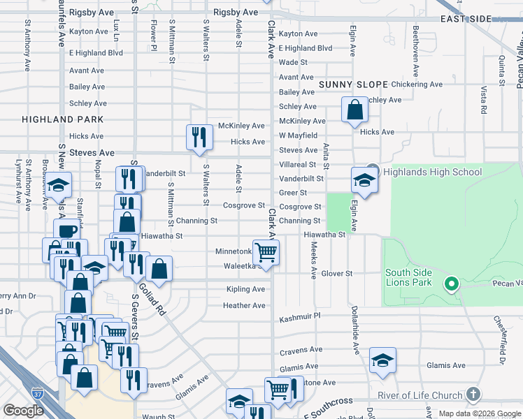 map of restaurants, bars, coffee shops, grocery stores, and more near 522 Cosgrove Street in San Antonio