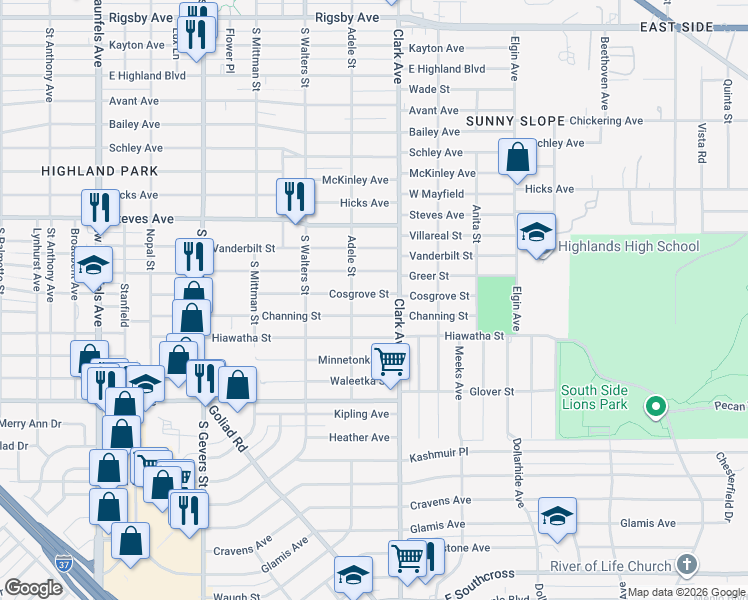 map of restaurants, bars, coffee shops, grocery stores, and more near 522 Cosgrove Street in San Antonio