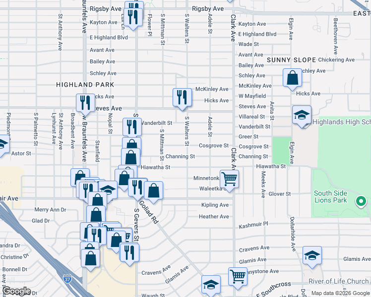 map of restaurants, bars, coffee shops, grocery stores, and more near 350 Cosgrove Street in San Antonio