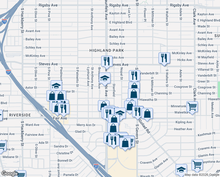 map of restaurants, bars, coffee shops, grocery stores, and more near 322 Stanfield Avenue in San Antonio