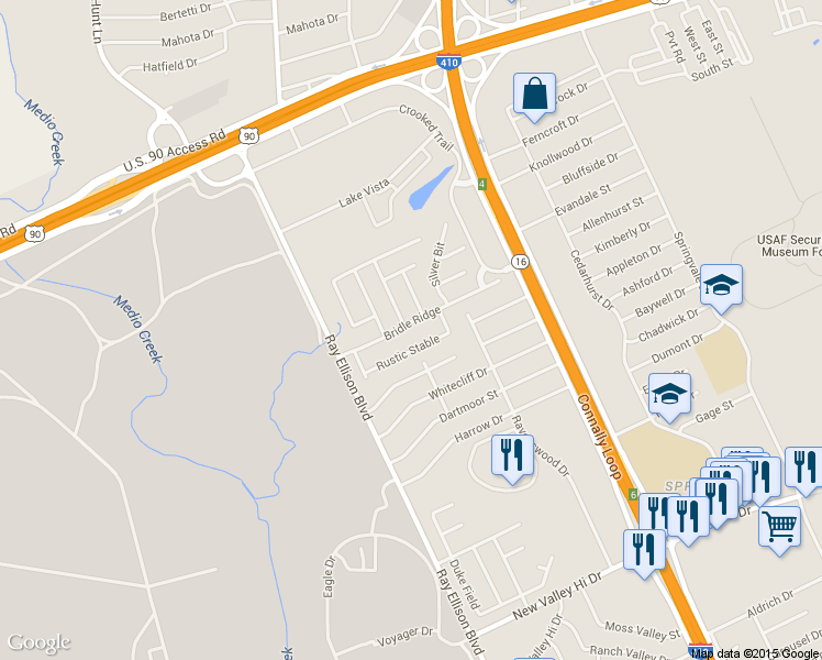 map of restaurants, bars, coffee shops, grocery stores, and more near 414 Bridle Ridge in San Antonio
