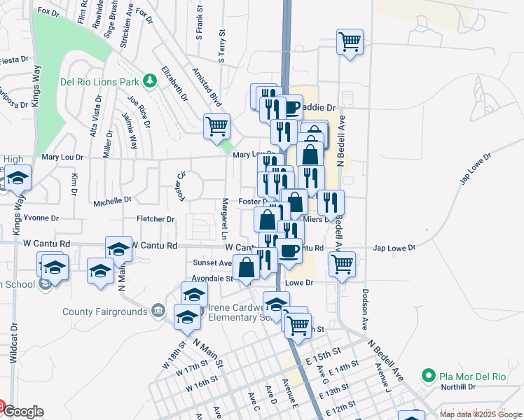 map of restaurants, bars, coffee shops, grocery stores, and more near 101 Trey Drive in Del Rio