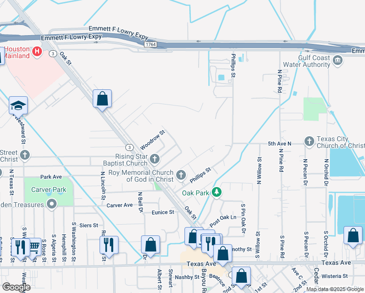 map of restaurants, bars, coffee shops, grocery stores, and more near 510 North Vionett Lane in Texas City