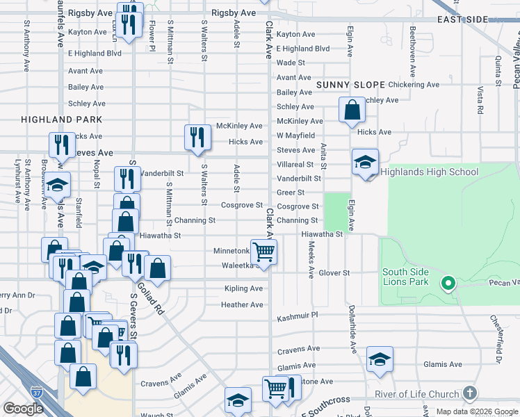 map of restaurants, bars, coffee shops, grocery stores, and more near 522 Cosgrove Street in San Antonio