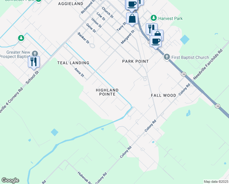 map of restaurants, bars, coffee shops, grocery stores, and more near 9623 Highland Pointe Drive in Needville