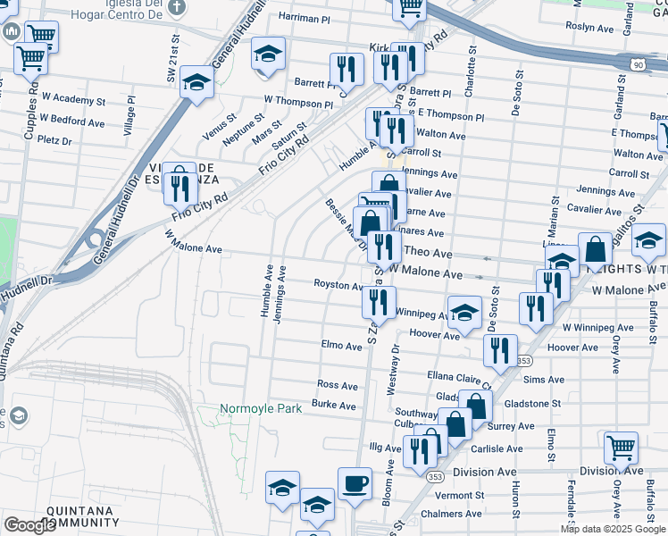 map of restaurants, bars, coffee shops, grocery stores, and more near 1710 West Malone Avenue in San Antonio