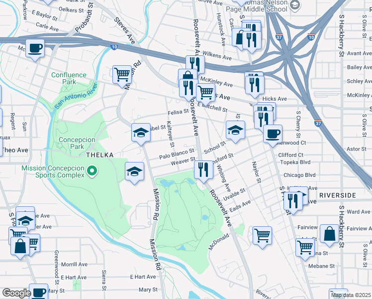 map of restaurants, bars, coffee shops, grocery stores, and more near 129 Palo Blanco Street in San Antonio