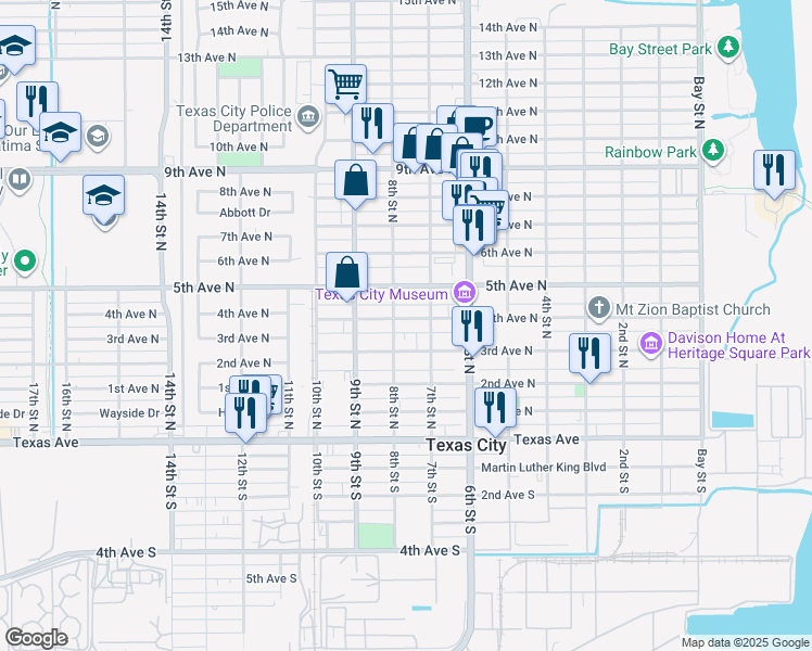 map of restaurants, bars, coffee shops, grocery stores, and more near 723 4th Avenue North in Texas City