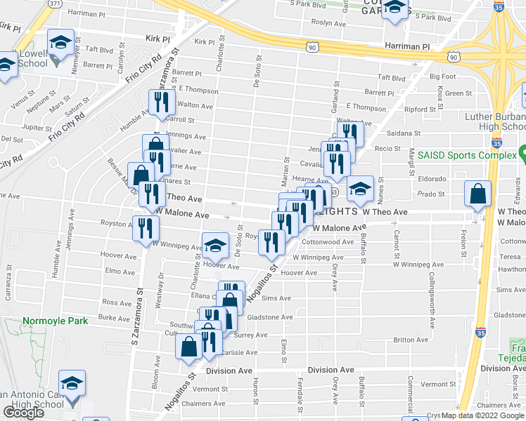 map of restaurants, bars, coffee shops, grocery stores, and more near 1130 W Theo Ave in San Antonio