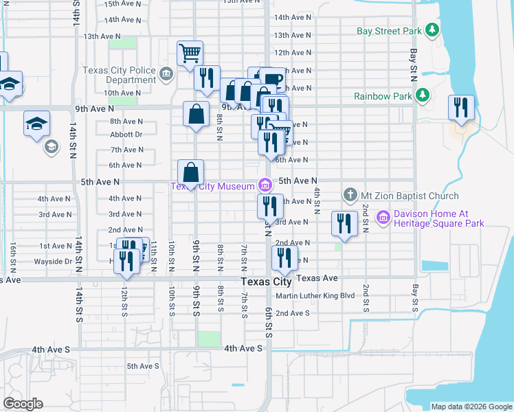 map of restaurants, bars, coffee shops, grocery stores, and more near 615 4th Avenue North in Texas City