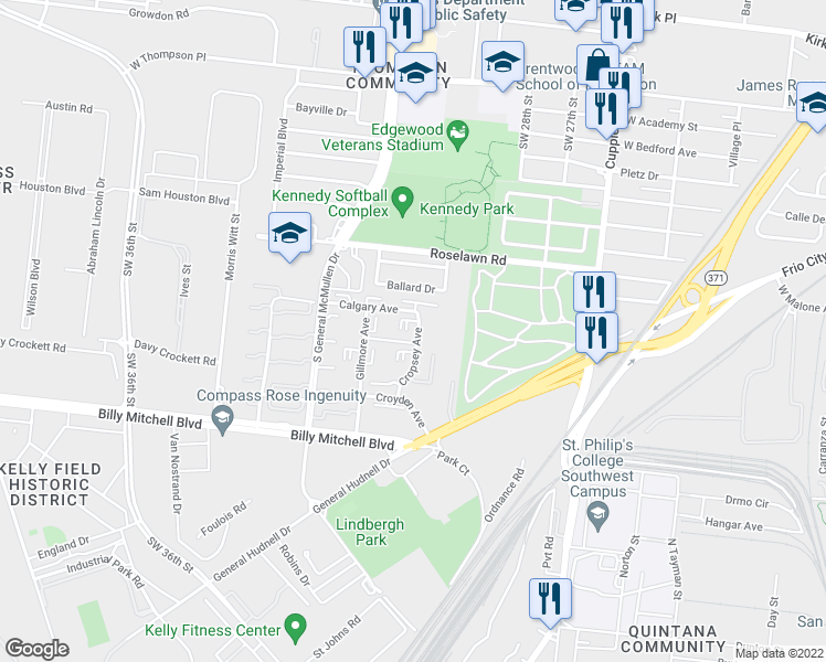 map of restaurants, bars, coffee shops, grocery stores, and more near 410 Cropsey Avenue in San Antonio