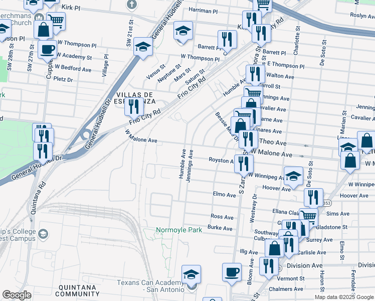map of restaurants, bars, coffee shops, grocery stores, and more near 1011 Jennings Ave in San Antonio