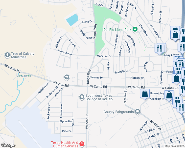 map of restaurants, bars, coffee shops, grocery stores, and more near 51 Yvonne Drive in Del Rio