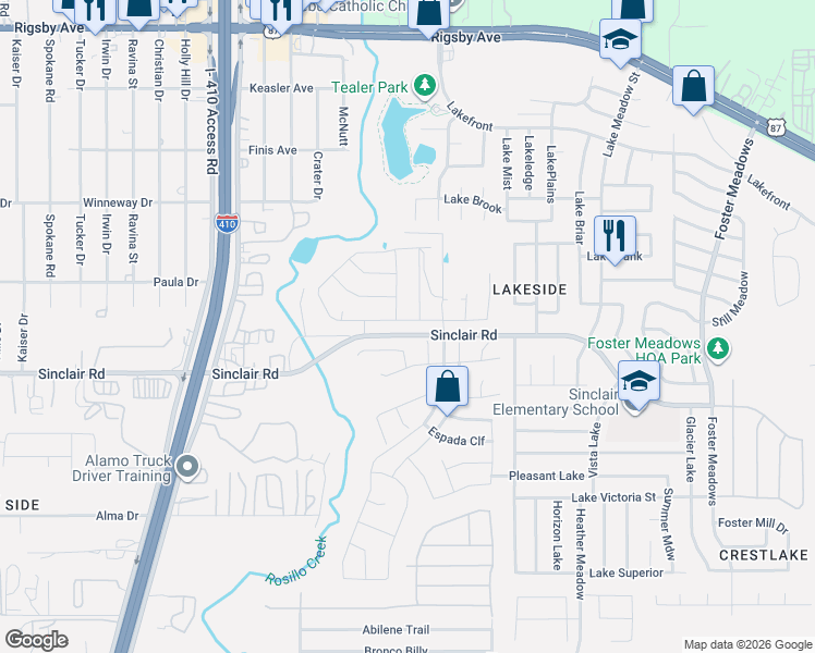 map of restaurants, bars, coffee shops, grocery stores, and more near 3502 Truce Oak in San Antonio