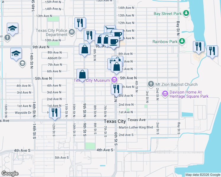 map of restaurants, bars, coffee shops, grocery stores, and more near 615 4th Avenue North in Texas City
