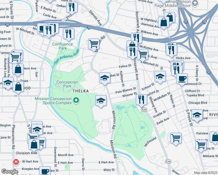 map of restaurants, bars, coffee shops, grocery stores, and more near 1116 Mission Road in San Antonio