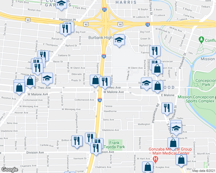map of restaurants, bars, coffee shops, grocery stores, and more near 511 West Theo Avenue in San Antonio