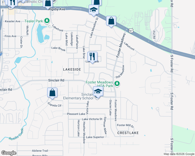 map of restaurants, bars, coffee shops, grocery stores, and more near 3631 Southton View in San Antonio