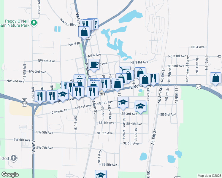 map of restaurants, bars, coffee shops, grocery stores, and more near 240 E Noble Ave in Williston