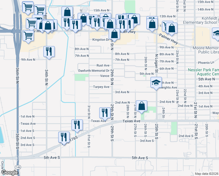 map of restaurants, bars, coffee shops, grocery stores, and more near 2913 Tarpey Avenue in Texas City