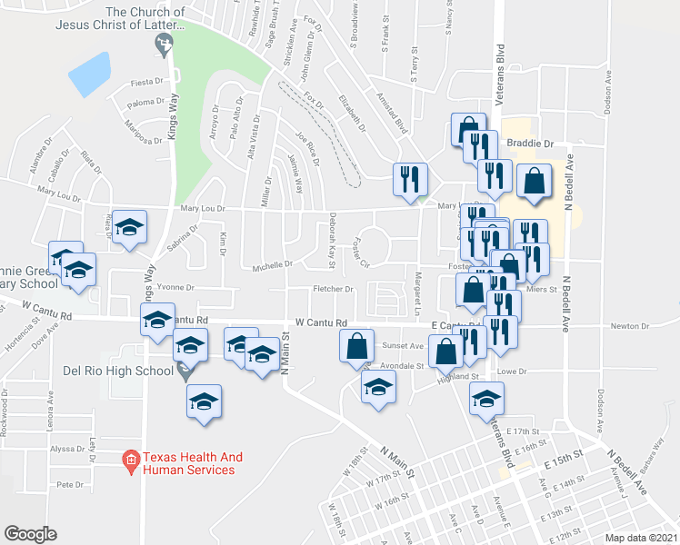 map of restaurants, bars, coffee shops, grocery stores, and more near 115 Deborah Kay Street in Del Rio