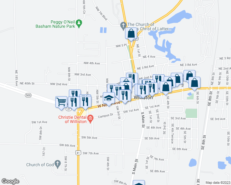 map of restaurants, bars, coffee shops, grocery stores, and more near 300a Northwest 1st Avenue in Williston