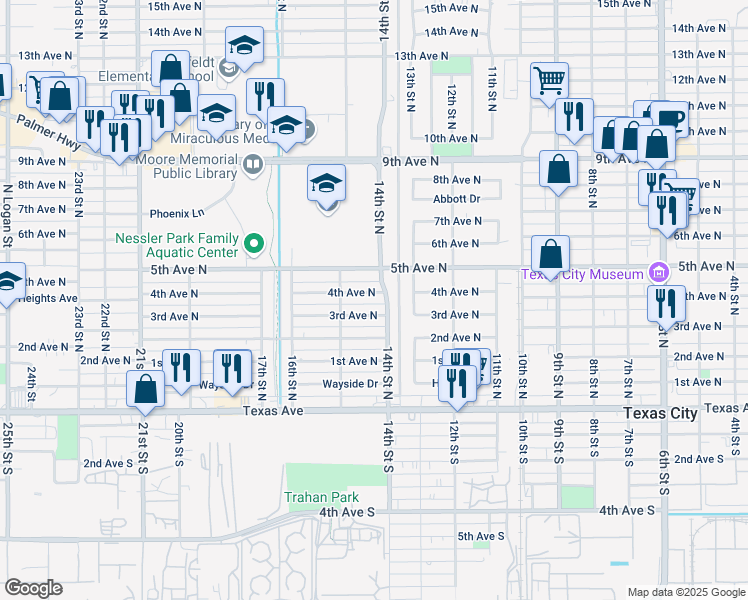 map of restaurants, bars, coffee shops, grocery stores, and more near 1417 4th Avenue North in Texas City