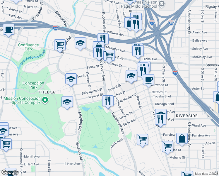 map of restaurants, bars, coffee shops, grocery stores, and more near 1526 Roosevelt Avenue in San Antonio