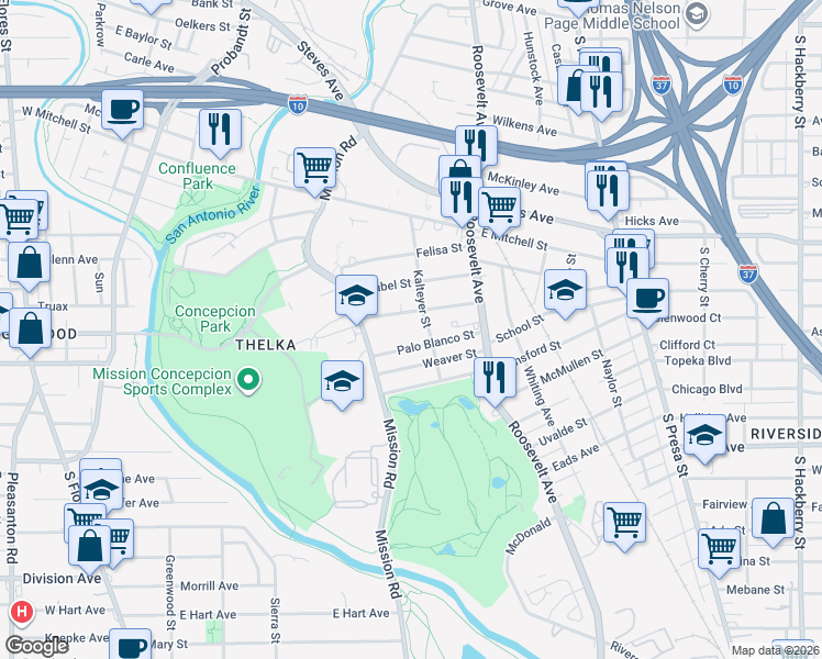 map of restaurants, bars, coffee shops, grocery stores, and more near 217 Palo Blanco Street in San Antonio