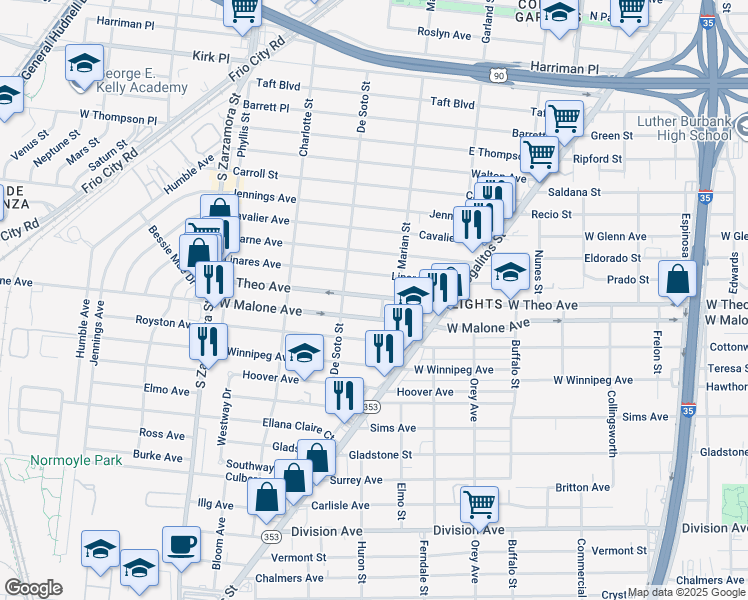 map of restaurants, bars, coffee shops, grocery stores, and more near 1130 West Theo Avenue in San Antonio