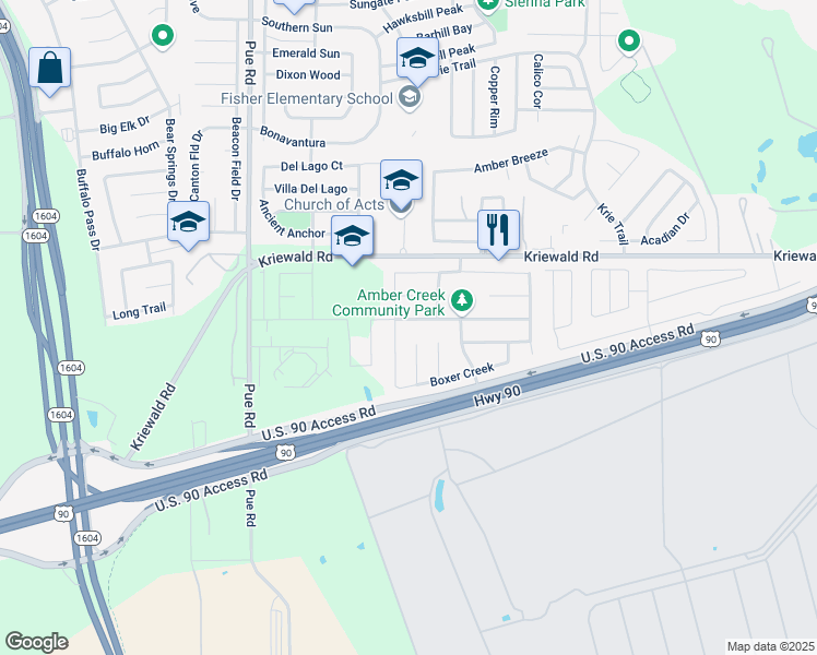 map of restaurants, bars, coffee shops, grocery stores, and more near 4410 Olympus Bay in San Antonio