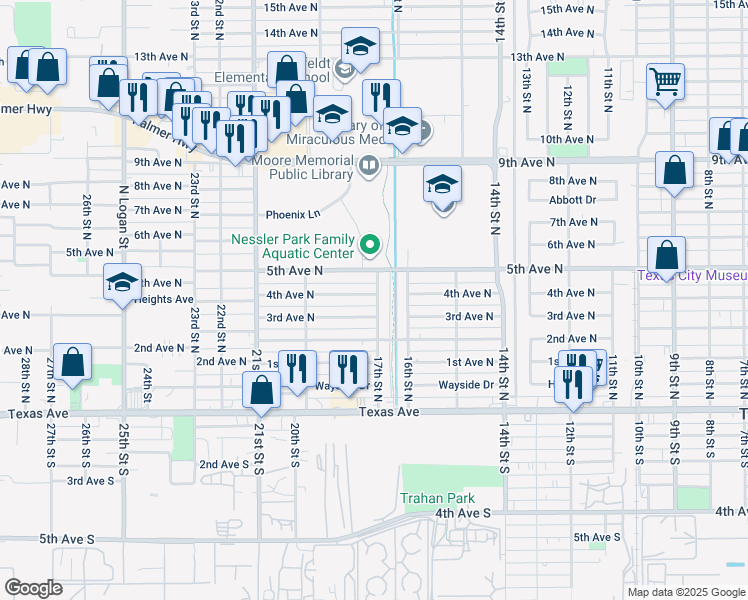 map of restaurants, bars, coffee shops, grocery stores, and more near 1701 4th Avenue North in Texas City